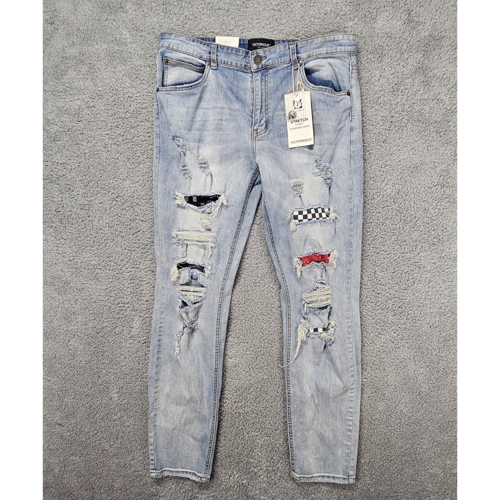 Victorious Mens 36x31 Jeans Distressed Patchwork Skinny Fit Light Indigo Stretch